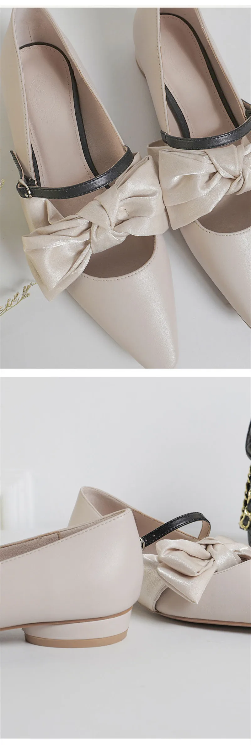 Fashion Bow Square Heels Pointed Toe Pumps Shoes Women Spring Leather Low Heels Shallow Mouth Casual Office Lady Shoes Plus Size (8)