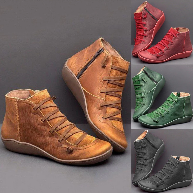 Women's PU Leather Ankle Boots Ladies Autumn Winter Cross Strappy Vintage Women Punk Boots Flat Ladies Shoes Woman Botas Mujer