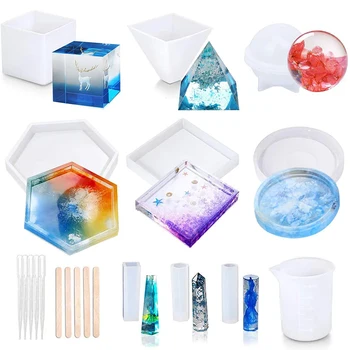 

NEW-Resin Molds, 20Pcs DIY Silicone Resin Molds, Epoxy Casting Molds with Measurement Cup,Dropper and Wood Sticks