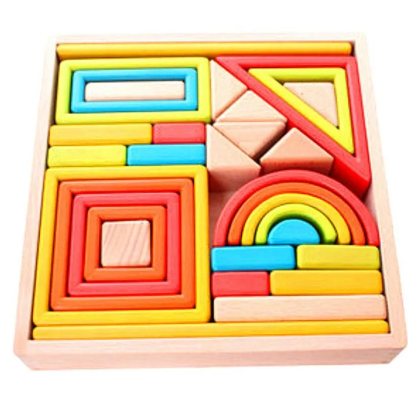 

Wooden Rainbow Stacking Game Stacker Geometry Building Blocks Nesting Educational Toys Kids Toddlers Rainbow Stacking Game