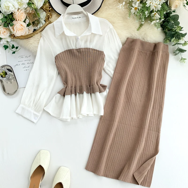 Chic Two-piece Sets Autumn New 2019 Women's Long Sleeve Stitched Knitted Shirts + High Waist Skirts Suits J661 |