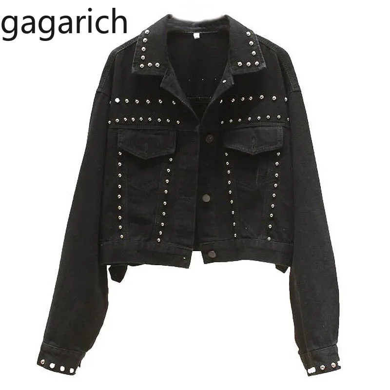

Gagarich 2019 Autumn Denim Jacket Black Rivet Frayed Jean Jacket Long Sleeve Short Women Jacket Coat Students Jaqueta Feminina