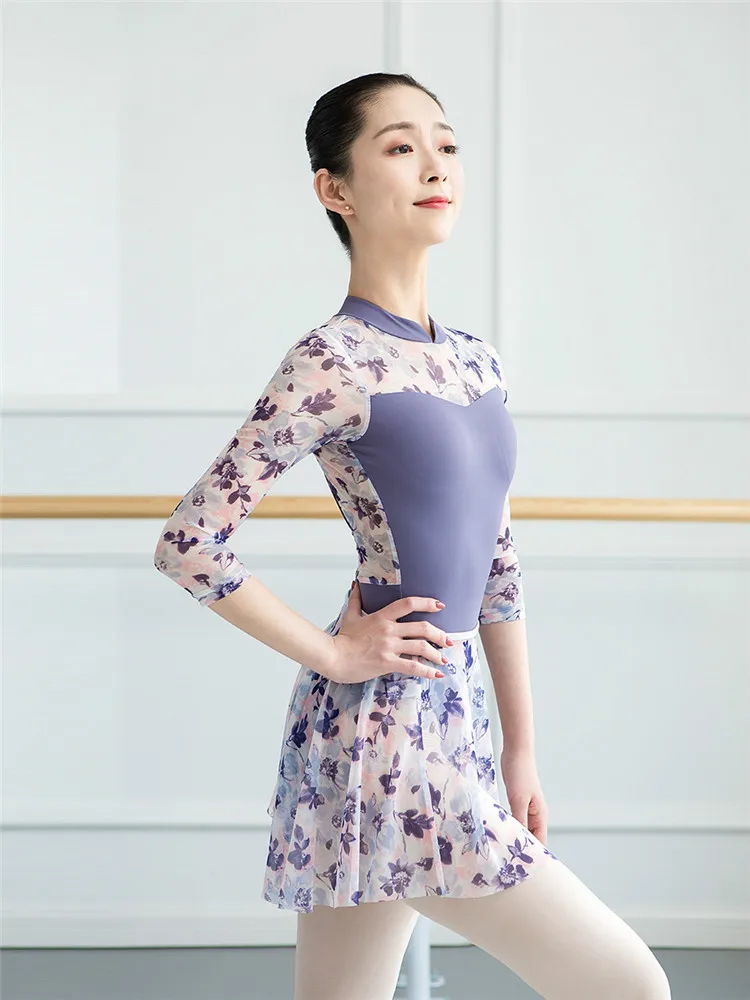 

2020 New Printed Dance Dress Ballet Practice Wear Dance Leotards Printing Gymnastics Dancing Costume High Collar Ballet Leotard