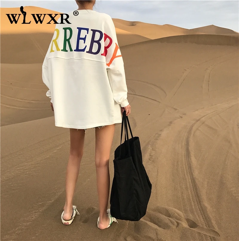 Белый WLWXR повседневное белое негабаритное платье с капюшоном Толстовка Женские топы с принтом букв свободная Длинная толстовка с капюшоном Женский пуловер - Цвет: Белый