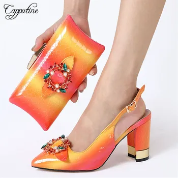 

European Design Wonderful PU With Crystal Shoes And Bag Set For Wedding Nigerian Women High Heels Shoes And Bag To Match Set