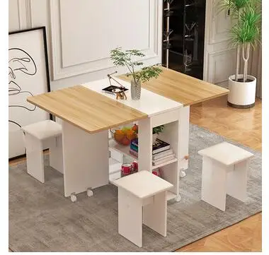 Household folding dining table movable telescopic rectangular multifunctional table and chair combined dining