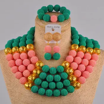 

teal green peach simulated pearl jewelry set nigerian wedding beads african necklace for women FZZ12