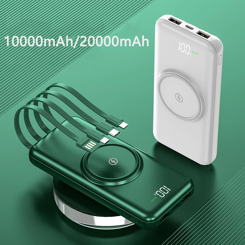 power bank 10000 20000mAh Power Bank Qi Wireless Charger Powerbank Built in Cable Portable Charger for iPhone 12 Pro Samsung S21 Xiaomi Poverbank battery bank