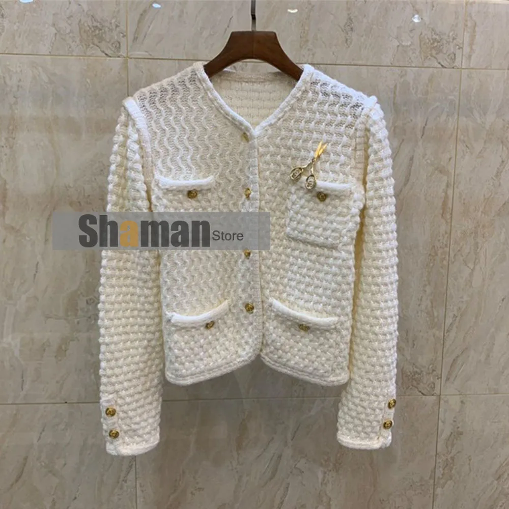 

luxury designer HIGH END cropped cardigan sweater for fall 2020 women clothing white knitted gold bottons long sleeve cardigans