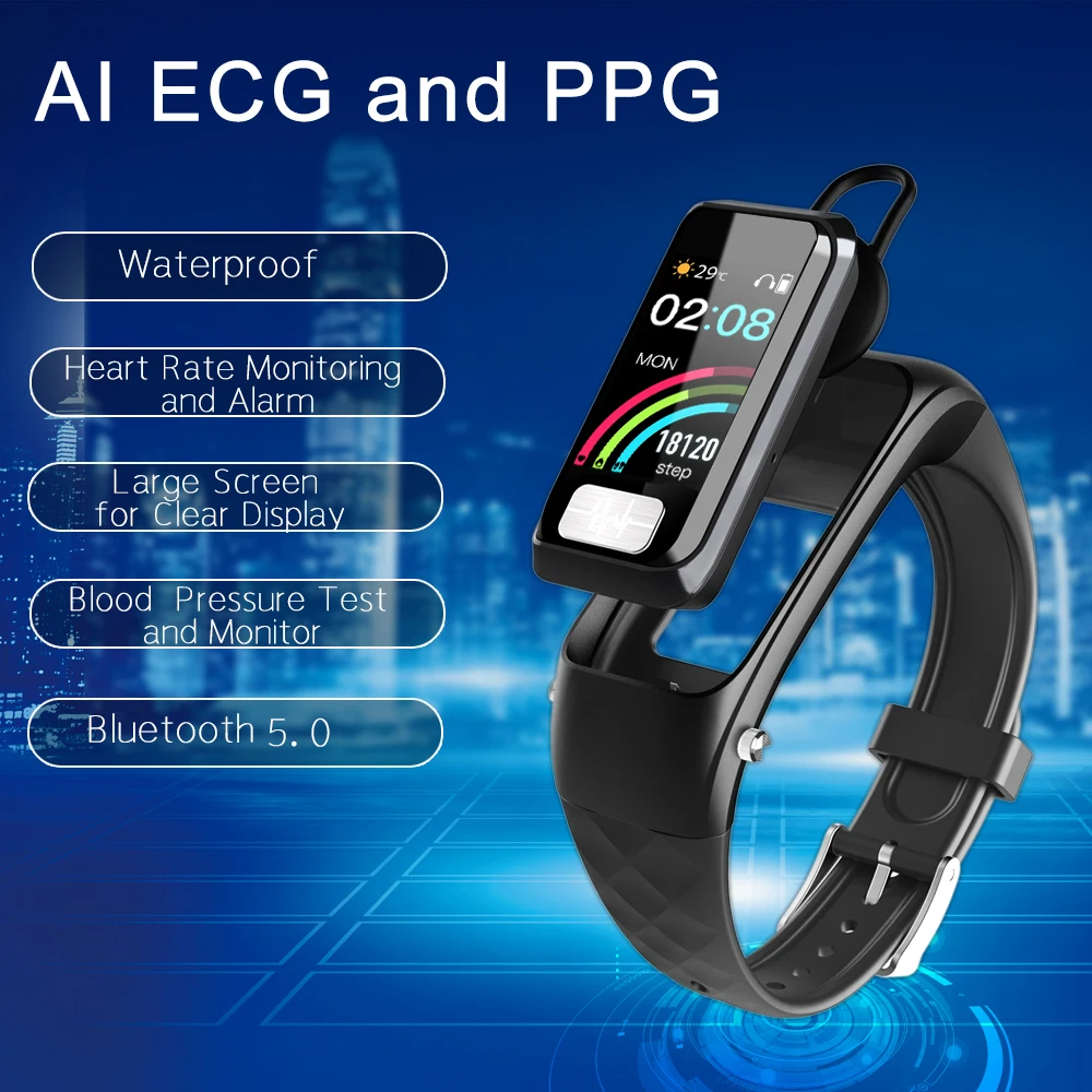 Bluetooth Вызов смарт-браслет наушники ЭКГ PPG пульсометр Монитор артериального