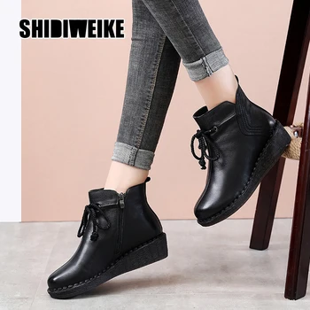 

Comfortable Wedges Shoes Winter Women Ankle Boots 2020 Genuine Leather Padded Shoes Female Casual Snow Boots Ankle strap v838
