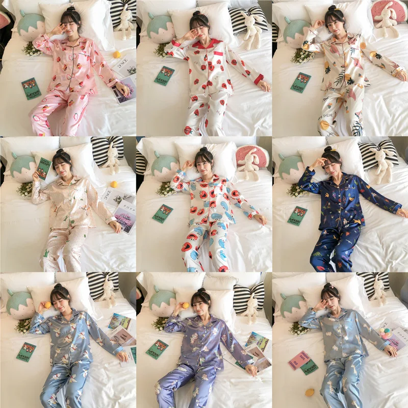 

Spring And Autumn Pajamas Women's Korean-style Long Sleeve Casual Cartoon Cardigan Thin Imitated Silk Fabric Home Wear Two-Piece