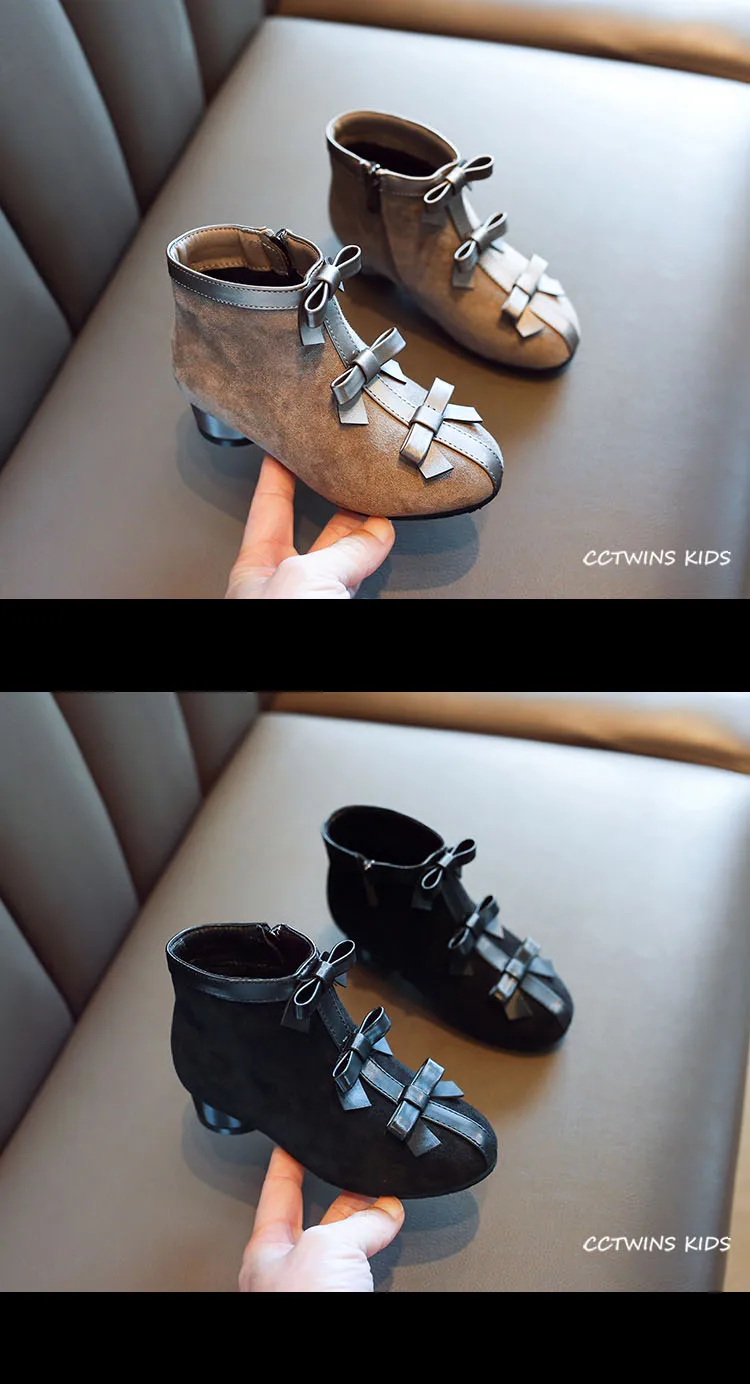 CCTWINS/детская обувь; коллекция года; Сезон Зима; Детские модные короткие ботинки с бабочкой для маленьких принцесс; брендовые черные теплые ботинки для девочек