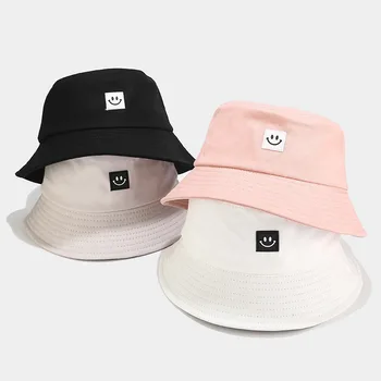 

Women Hat Basin Caps Female Summer Korean Smiley Labeling Personality Fisherman Bucket Hat Casual Wild Simple Sun Hats