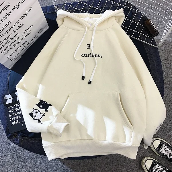 Beige Новая зимняя толстовка с капюшоном, корейская мода ulzzang, свободные буквы, плюс бархат, утолщенная ins Harajuku Повседневная Женская толстовка - Цвет: Beige