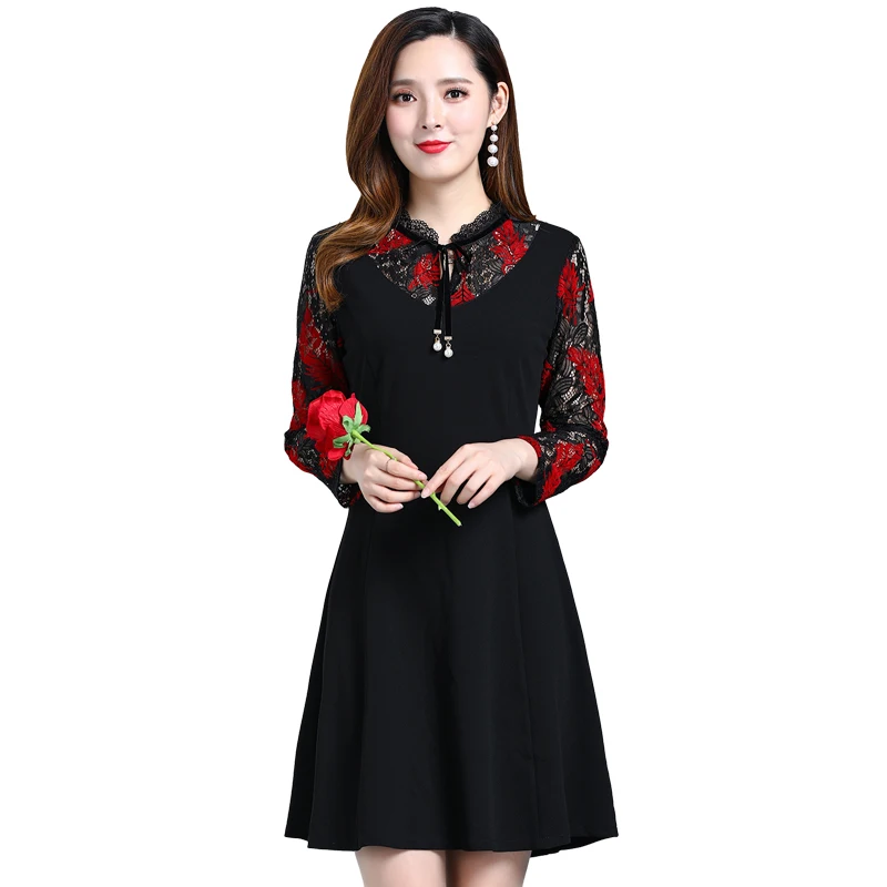 

Plus Size O-neck Lace Patchwork Dress Women Elegant Cuff Lace Up Dresses 2019 Spring Autumn Long Sleeve Knee-length Dress