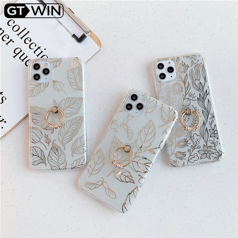 GTWIN Glitter leaf Transparent Phone Case For iPhone 11 Pro Max XR XS 7 8 Plus 6 6S X IMD Electroplated Back Cover With Ring |
