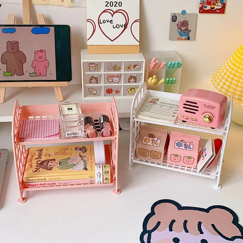 

Korean Ins 2 Layer book Sundries cosmetic Stationery Desktop Stationery Organizer Rack Plastic DIY Folding Office Storage rack