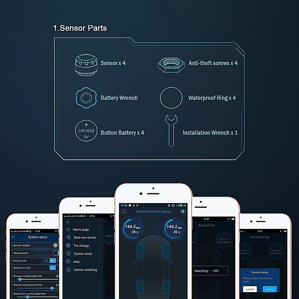 Android iOS BLE TPMS Universal Car Tire Pressure Sensor Waterproof External Alarm Tire Pressure Sensors Bluetooth 4.0 5.0