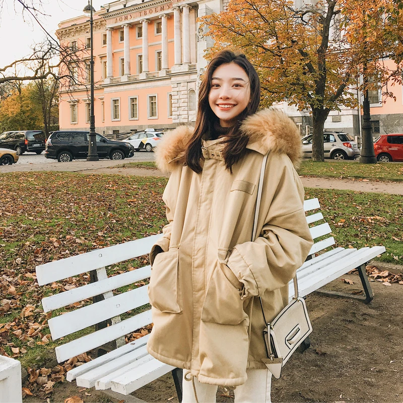 2019 зимняя хлопковая теплая промышленная куртка женская с большим меховым