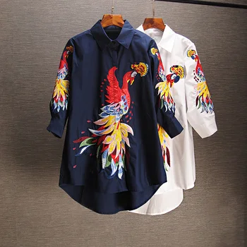 

Plus Size Shirt Women Loose Long-Sleeve Lapel Phoenix Embroidered Shirt retro Chinese-Style Embroidered Blouse Female Shirts Mom