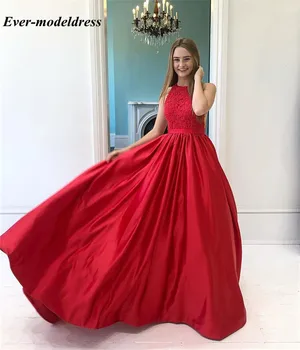 

Robe De Soiree Red 2019 Prom Dresses Lace Appliques Halter Sleeves Cutaway Sides A-Line Graduation Evening Party Gowns