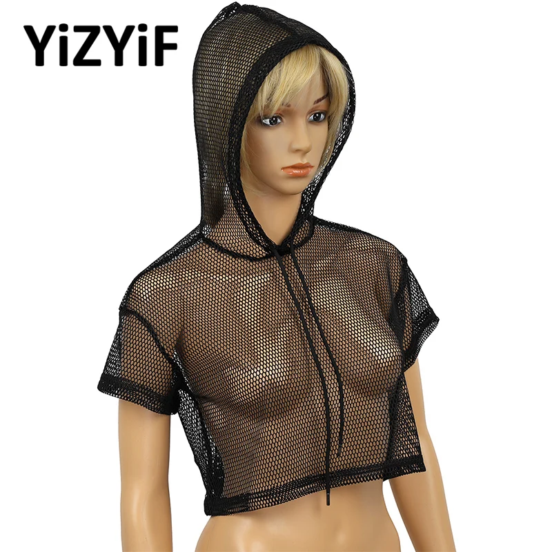 Женская летняя футболка из сетки, купальники, купальники, сексуальная открытая с коротким рукавом, с капюшоном, прозрачный пуловер из полупрозрачной ткани, футболка, укороченный топ