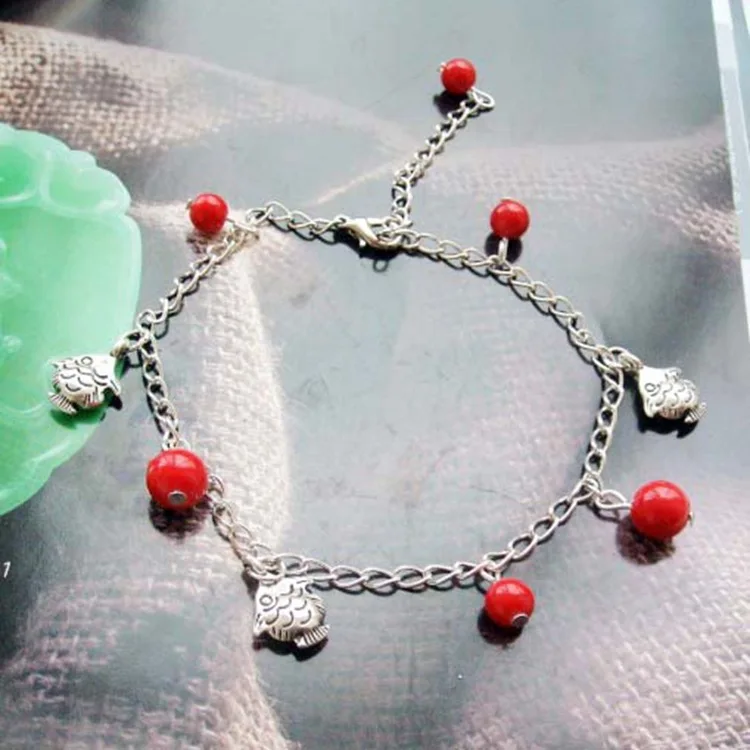 

Yunnan Ethnic-Style jiao shi pin Mixed Tibetan Silver Color Stone Fish Anklet Multi-color Selectable JL007