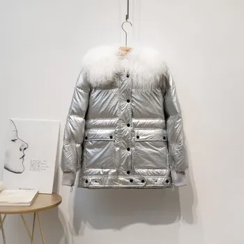 

short down jacket shiny down coat real fur collar women duck down parkas winter clothes fashion hip hop clothing black silver