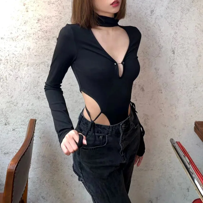 GothGotik Gothic Y2K Tops Sexy Hollow Out Black V-neck Shirts For Women Vintage Bodycon Strap Summer Fashion Casual Streetwear | Женская