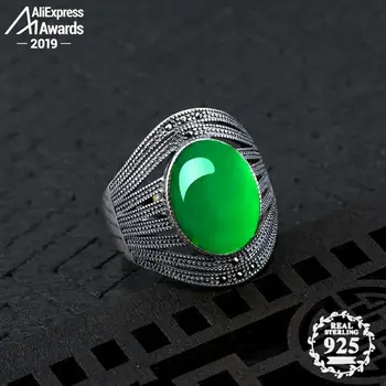 

10*14mm 6.18 Sale S925 Sterling Silver Australia Emerald Rings Jade moldevite Chinatown oriental Retro Chalcedony Jade