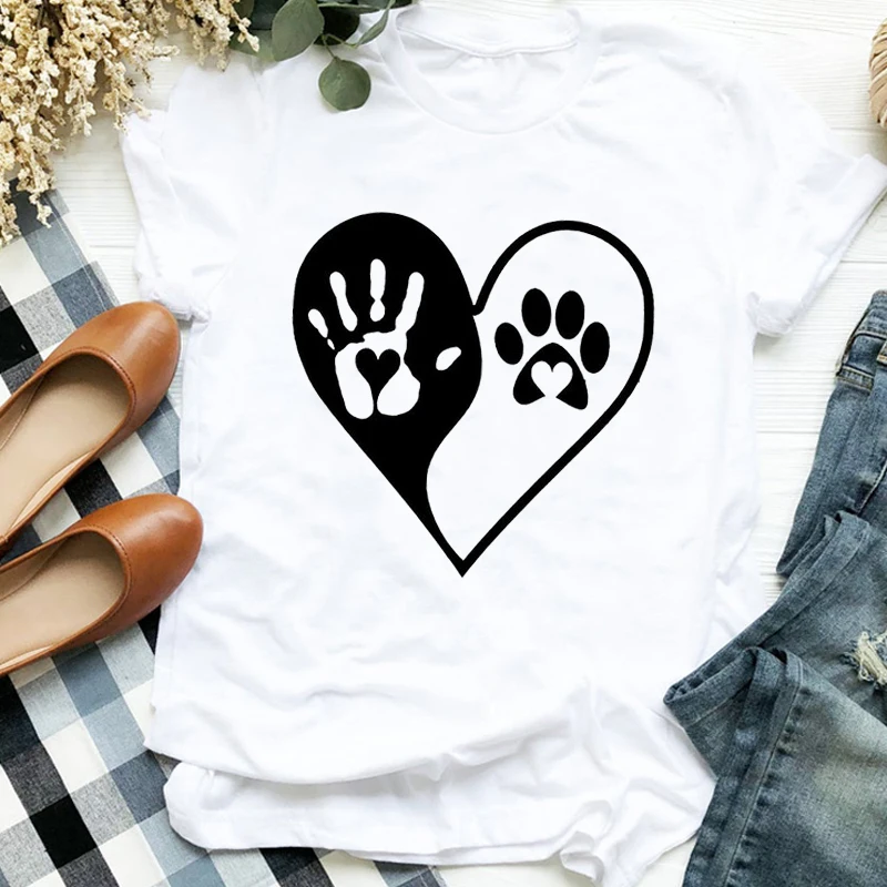 Женская футболка с принтом Love Paw Heart Dog Animal 90s летняя и осенняя Футболка женская одежда топ графическим