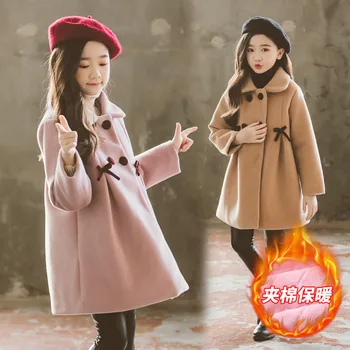

Children's Girls' Shirt Duffle Coat Coat Western Style Mid-Length Cotton-Padded Baby Autumn and Winter 2020 New Bow Female