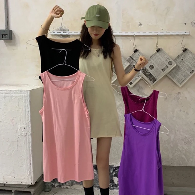 Новые летние повседневные однотонные майки в Корейском стиле, Camis, модные брендовые женские с длинной деталью, одежда, простые, популярные, высококачественные, свободные