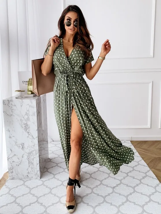 2022 Fashion Polka Dot Split Boho Dress V-Neck Women Casual Beach Vacation Long Dresses Vestido De Mujer maxi dresses