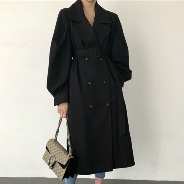 Colorfaith Новинка осень зима женский плащ свободного покроя с лентой на шнуровке двубортный модный офисный женский корейский стиль элегантный повседневный верхняя одежда, длинное пальто JK7041 - Цвет: Черный