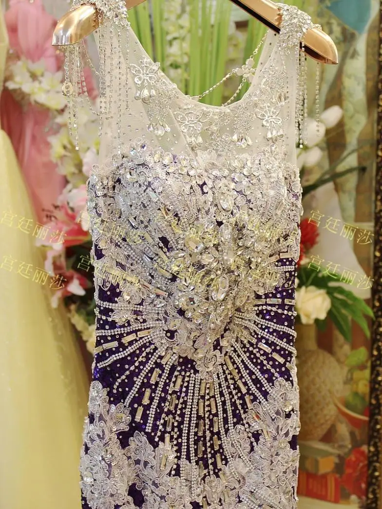 vestidos Роскошные Стразы Кристалл Формальные невесты Кружева Русалка Фиолетовый вечернее платье для выпускного вечера мать невесты платья