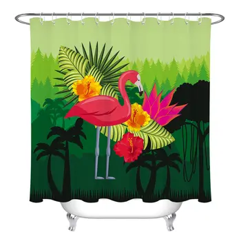 

Flamingo Tropical Palm Leaves Polyester Fabric Shower Curtain Set Bathroom Hooks