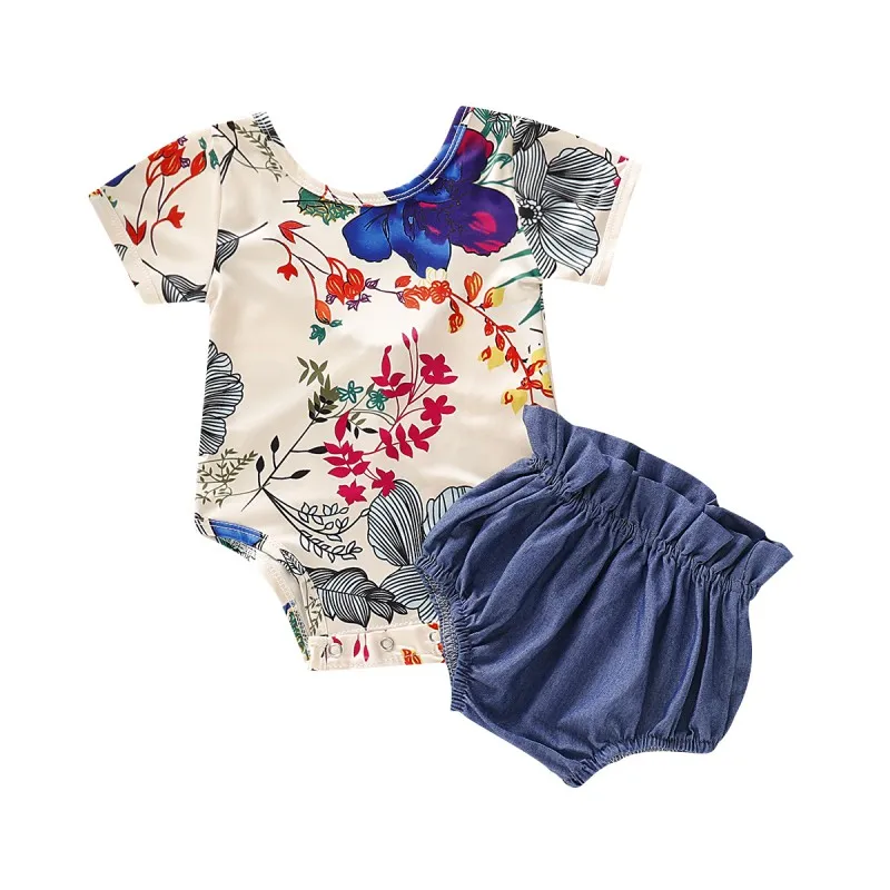 

hilittlekids 2Pcs/Set Summer Baby Girls Casual Floral Print Short Sleeve Cotton Romper Tops+Shorts Outfits Set