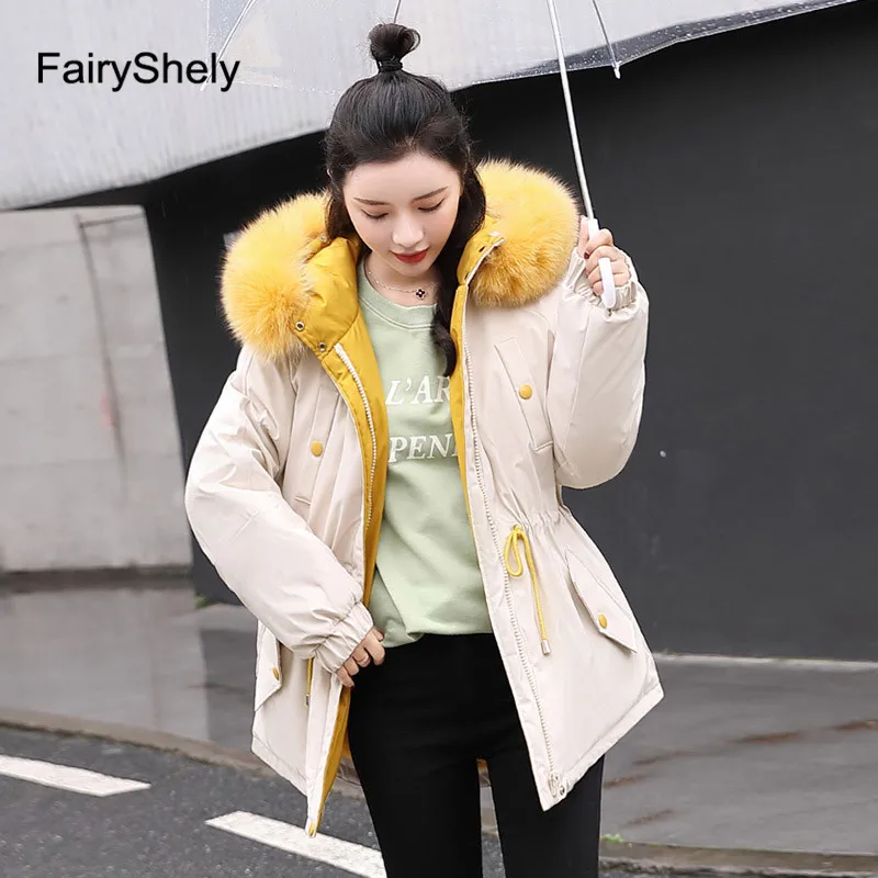 Beige cotton coat Зимняя женская черная длинная куртка с меховым капюшоном, Повседневная зимняя одежда, женская теплая парка с хлопковой подкладкой и длинным рукавом, пальто для женщин - Цвет: Beige cotton coat