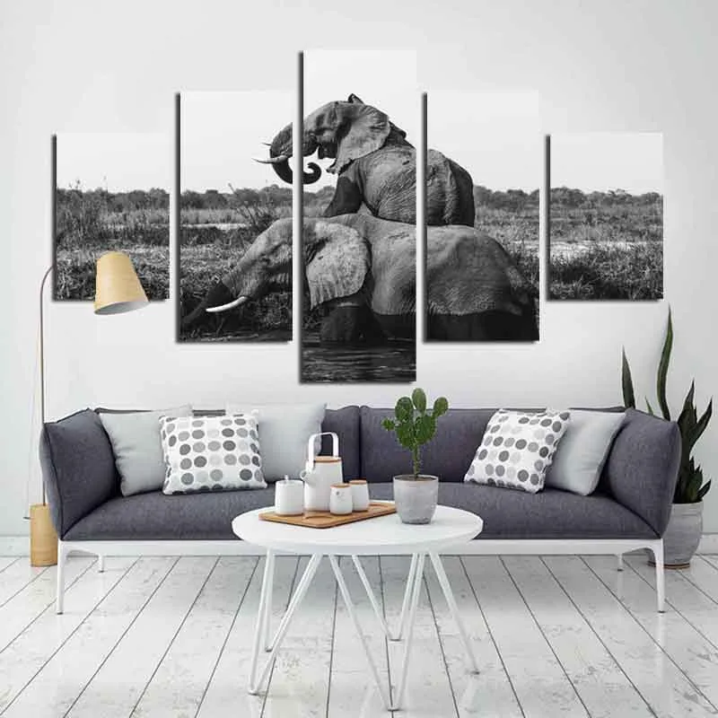 

5 Pieces Of Animal Gray Two-headed Elephant Decorative Painting Art Modern High-definition Print Poster Living Room Wall Decor