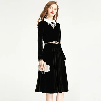

VERDEJULIAY Black Velvet Dress 2020 Autumn Fashion New High Quality Diamonds Turn-Down Collar Slim Midi Elegant Dress