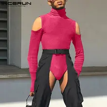 

INCERUN Comfortable Homewear New Men Onesies Family Shoulder Cut-out High-neck Sexy Leisure Long-sleeved Triangle Jumpsuit S-5XL