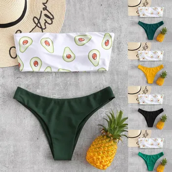 Image of Avocado Print Tube Up Two Pieces Bikini Set High Cut Thong Push-up Swimsuit Simple Push-up Padded Off Shoulder Beachwear