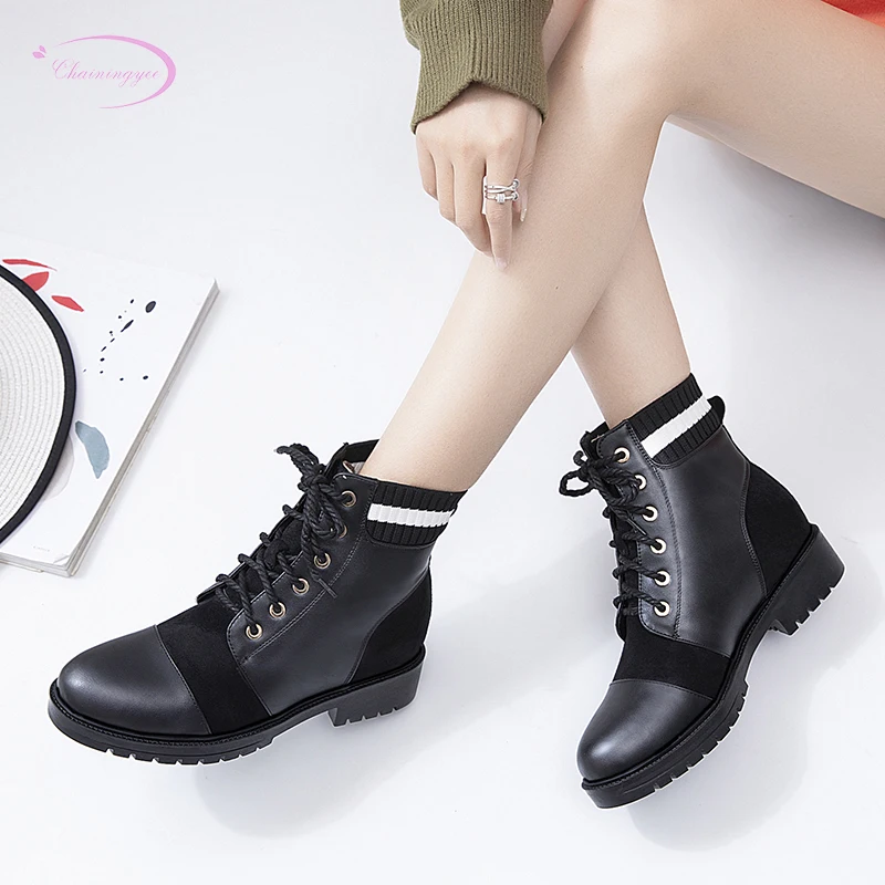 

Street style comfortable round toe ankle boot fashion fringe lace-up black yellow thick low heels motorcycle boots women's shoes