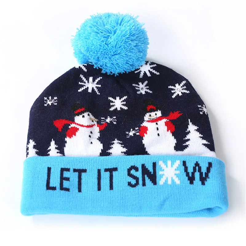 Wholesale New Children LED Christmas Hat With Lights Winter Warm Cartoon Knitted Pompom Beanie Cap For Kids Christmas Decoration