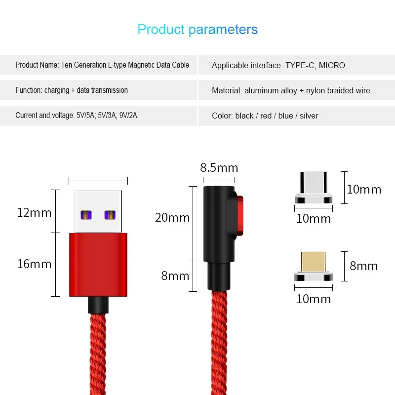 Магнитный кабель Micro USB 90 градусов Тип C для быстрой зарядки Samsung S8 S9 Huawei P20 P30