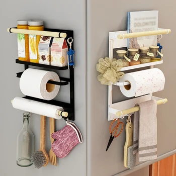 

New Kitchen Roll Paper Towel Holder Storage Rack Refrigerator Side Shelf Spice Jars Rack Kitchen Storage Seasoning Jars Organiz