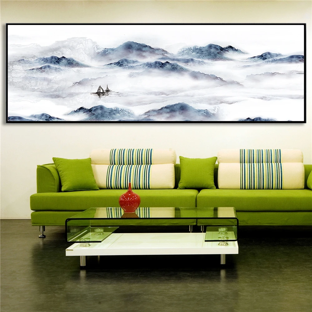 Cinese Tradizionale Mountain Water Boat Fog Poster Natura Canvas Print Long Sizewall Pictures For Living Room Abstract Wall Art