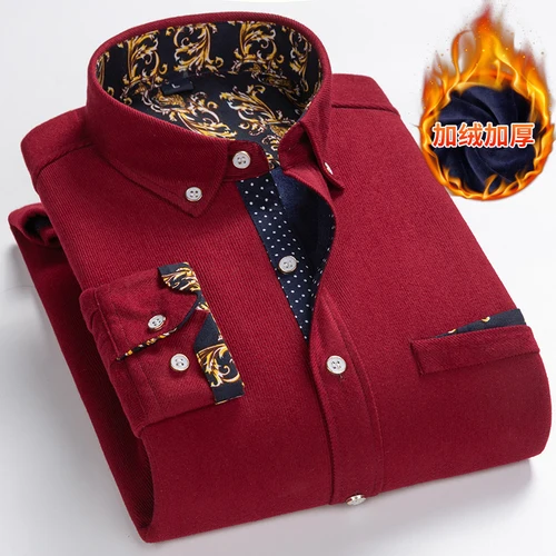Мужская Вельветовая рубашка с длинными рукавами и отворотом, модная Вельветовая Толстая Теплая Зимняя Повседневная рубашка большого размера 5XL - Цвет: Burgundy